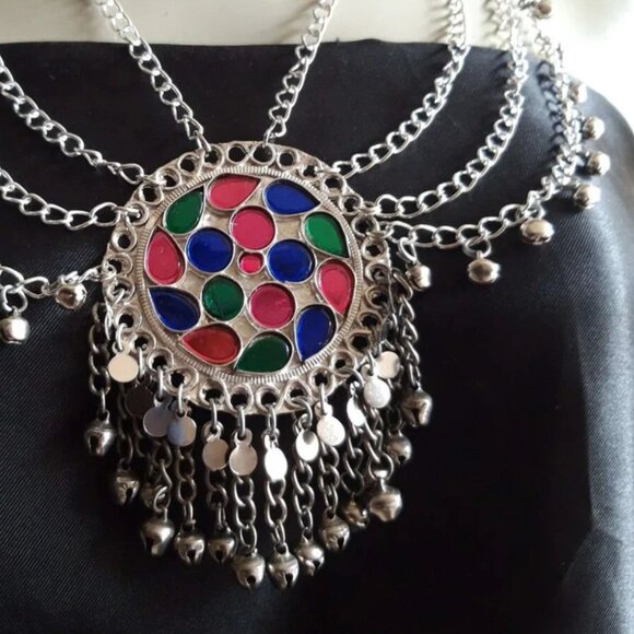 Ethnic Multilayers Bib Necklace, Tribal Silver Bib Necklace, Kuchi Boho Jewelry - Picture 3 of 5